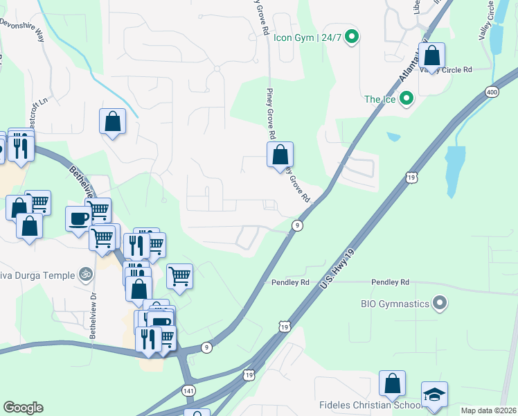 map of restaurants, bars, coffee shops, grocery stores, and more near 1995 Cottage Grove Way in Cumming