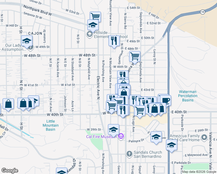 map of restaurants, bars, coffee shops, grocery stores, and more near 4326 North Mountain View Avenue in San Bernardino