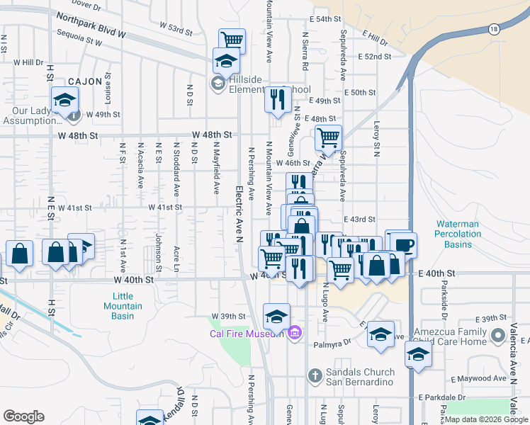 map of restaurants, bars, coffee shops, grocery stores, and more near 4326 North Mountain View Avenue in San Bernardino