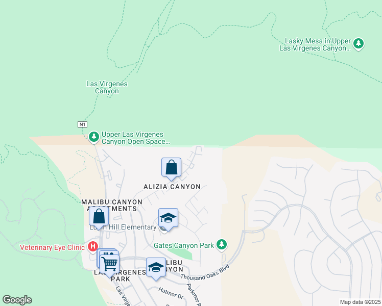 map of restaurants, bars, coffee shops, grocery stores, and more near 26009 Alizia Canyon Drive in Calabasas