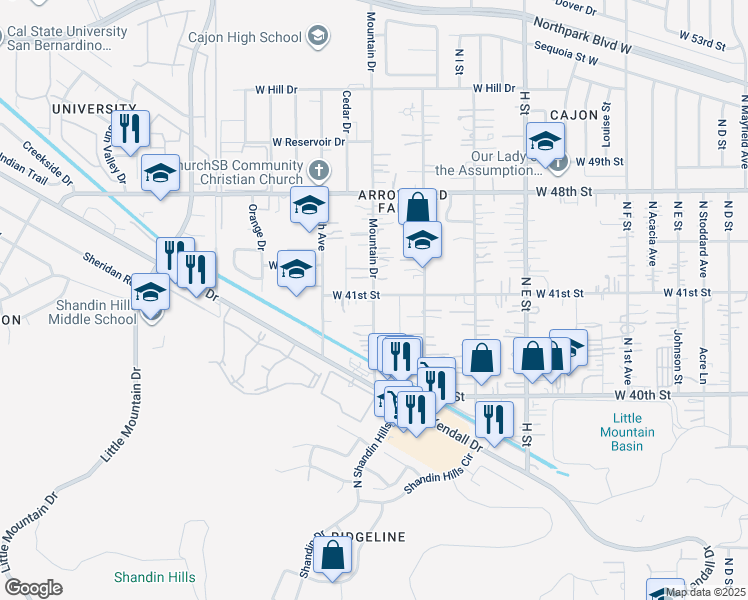 map of restaurants, bars, coffee shops, grocery stores, and more near 4094 Mountain Drive in San Bernardino