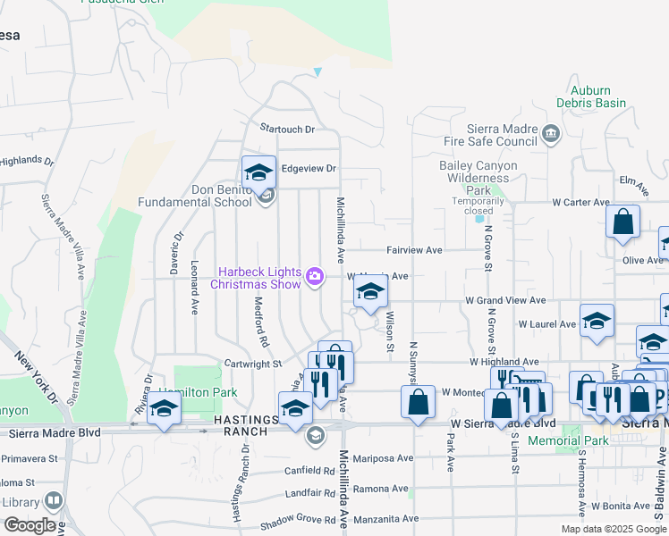 map of restaurants, bars, coffee shops, grocery stores, and more near 1255 North Michillinda Avenue in Pasadena