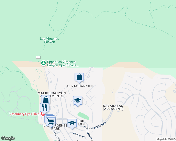map of restaurants, bars, coffee shops, grocery stores, and more near 26009 Alizia Canyon Drive in Calabasas