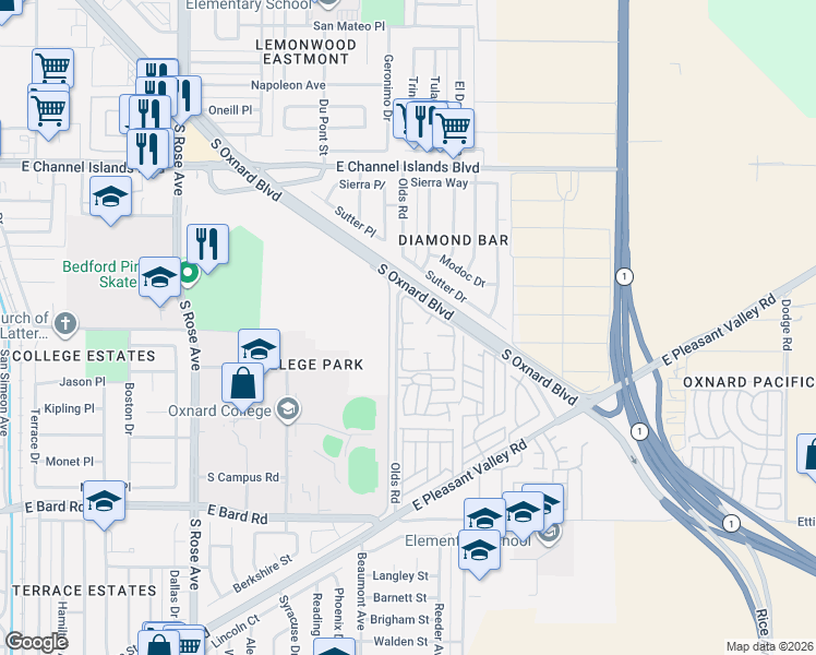 map of restaurants, bars, coffee shops, grocery stores, and more near 3442 Olds Road in Oxnard