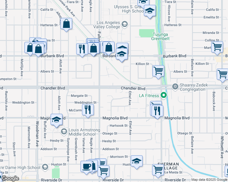 map of restaurants, bars, coffee shops, grocery stores, and more near 13202 Chandler Boulevard in Los Angeles