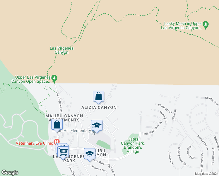 map of restaurants, bars, coffee shops, grocery stores, and more near 26007 Alizia Canyon Drive in Calabasas