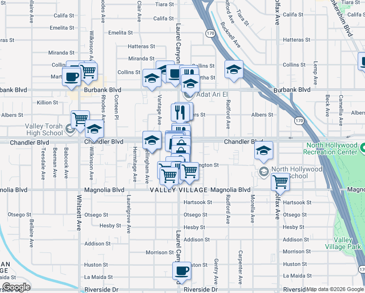 map of restaurants, bars, coffee shops, grocery stores, and more near in Los Angeles