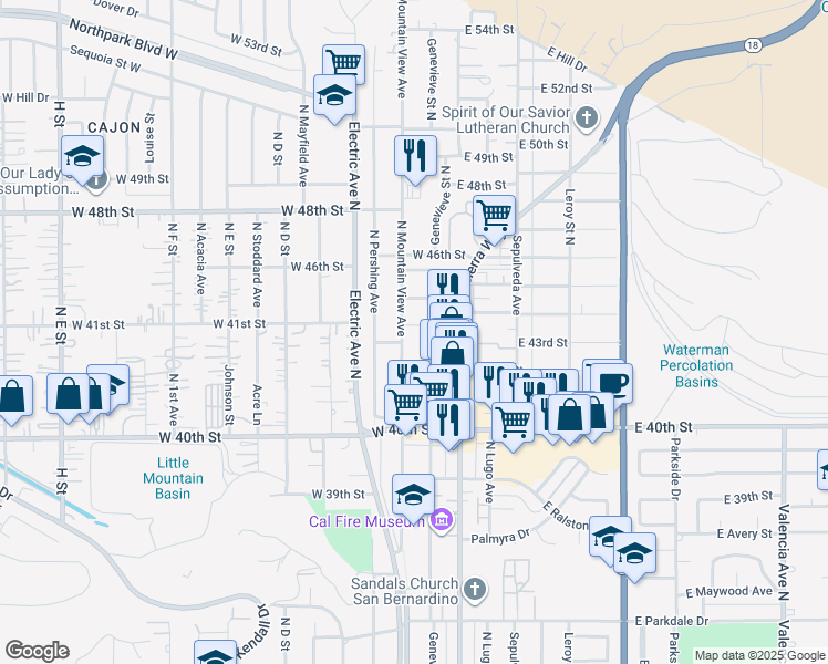 map of restaurants, bars, coffee shops, grocery stores, and more near 131 West 43rd Street in San Bernardino