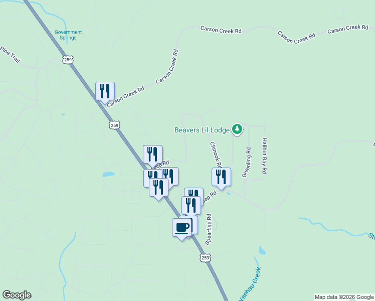 map of restaurants, bars, coffee shops, grocery stores, and more near 406 Orca Road in Broken Bow