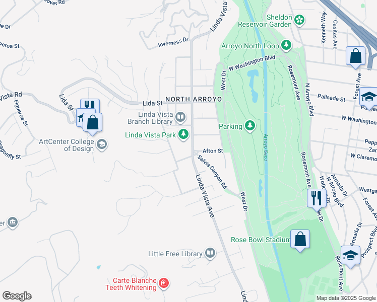 map of restaurants, bars, coffee shops, grocery stores, and more near 1205 Linda Vista Avenue in Pasadena