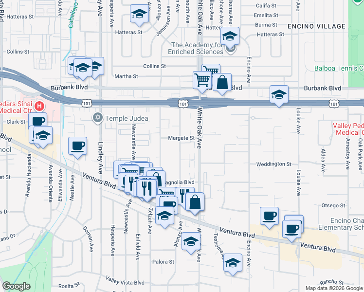 map of restaurants, bars, coffee shops, grocery stores, and more near 5354 Yarmouth Avenue in Los Angeles