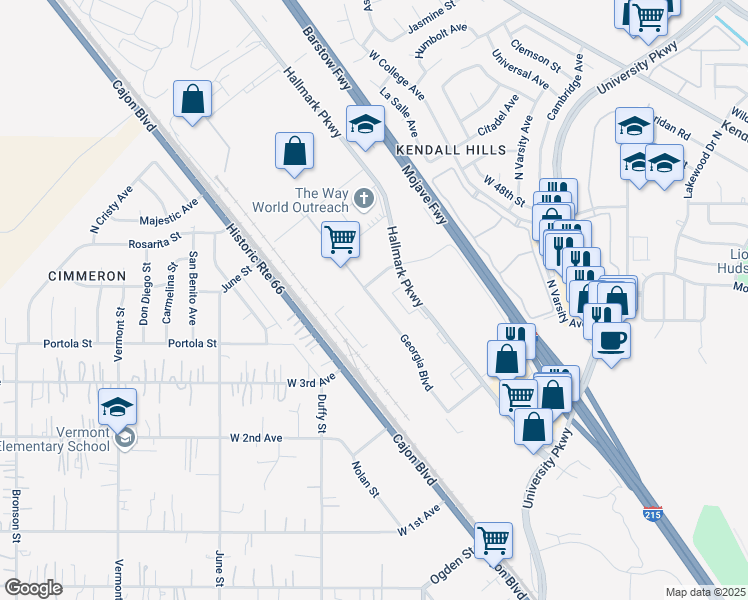 map of restaurants, bars, coffee shops, grocery stores, and more near 4062-4098 Georgia Blvd in San Bernardino