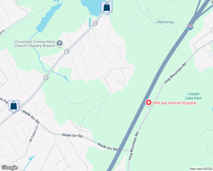 map of restaurants, bars, coffee shops, grocery stores, and more near 6387 Compass Drive in Flowery Branch