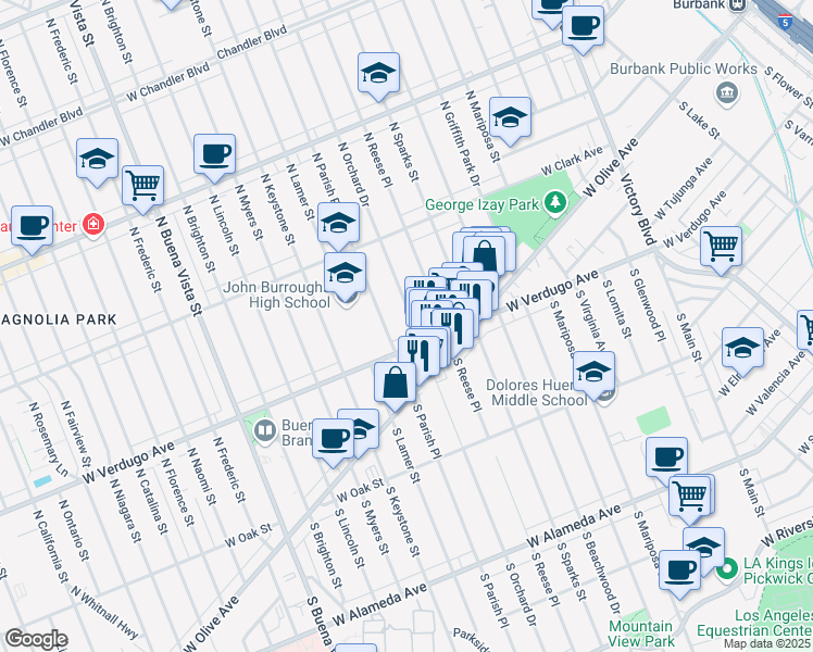 map of restaurants, bars, coffee shops, grocery stores, and more near 219 North Orchard Drive in Burbank