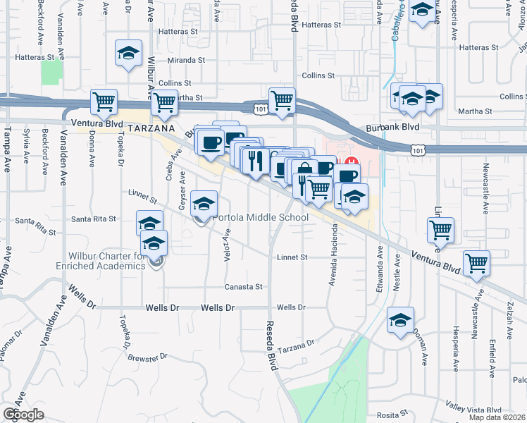 map of restaurants, bars, coffee shops, grocery stores, and more near 5329 Mecca Avenue in Los Angeles