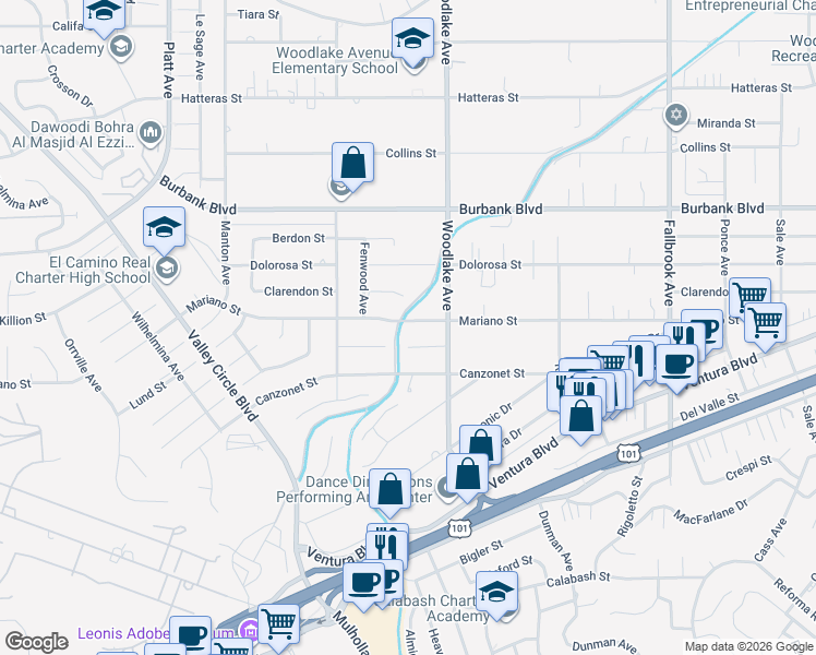 map of restaurants, bars, coffee shops, grocery stores, and more near 23250 Mariano Street in Los Angeles