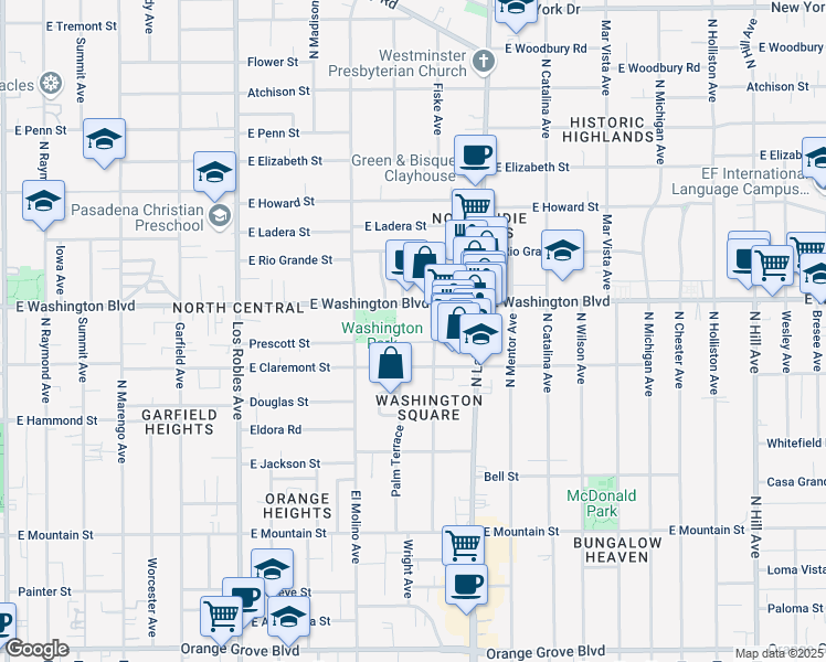 map of restaurants, bars, coffee shops, grocery stores, and more near 770 East Washington Boulevard in Pasadena