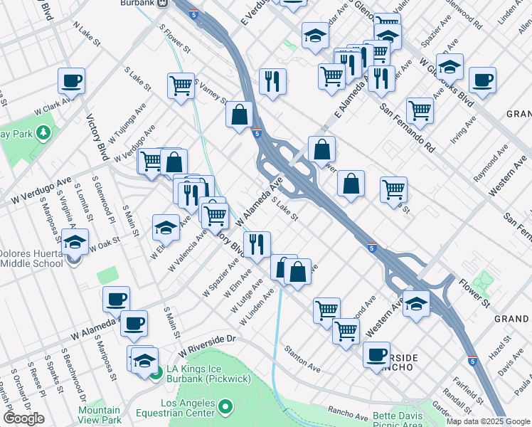 map of restaurants, bars, coffee shops, grocery stores, and more near 1015 South Lake Street in Burbank