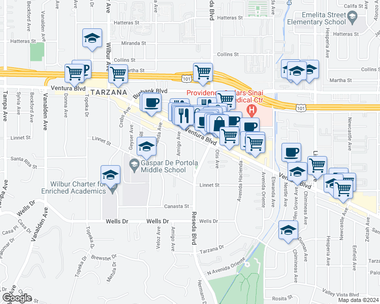 map of restaurants, bars, coffee shops, grocery stores, and more near 5329 Mecca Avenue in Los Angeles