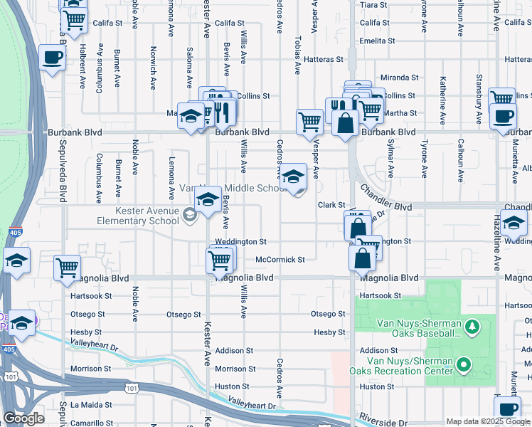 map of restaurants, bars, coffee shops, grocery stores, and more near 5346 Natick Avenue in Los Angeles