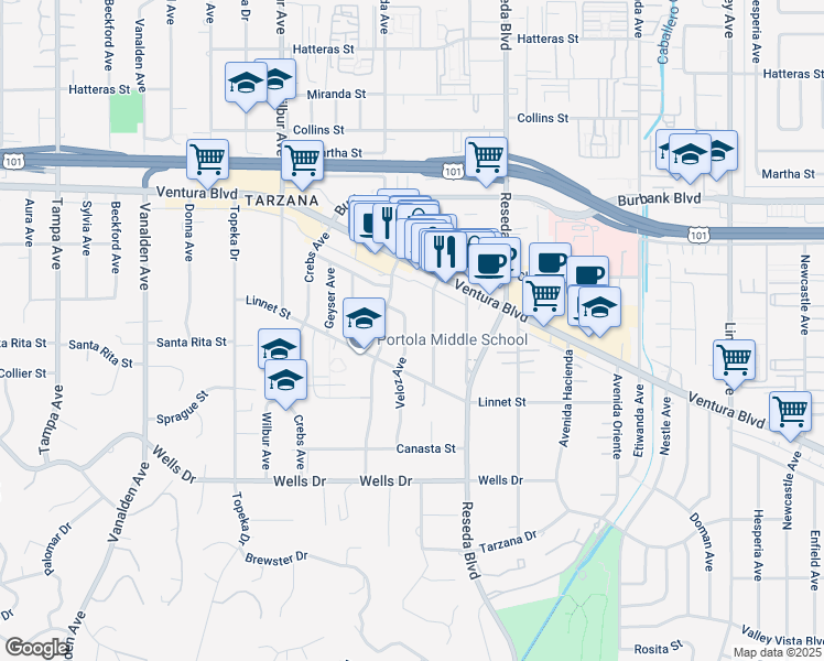 map of restaurants, bars, coffee shops, grocery stores, and more near 5354 Veloz Avenue in Los Angeles