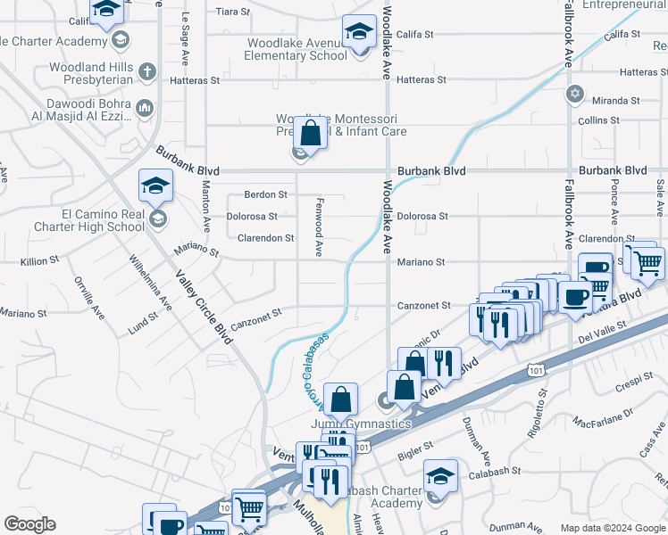 map of restaurants, bars, coffee shops, grocery stores, and more near 23310 Mariano Street in Los Angeles