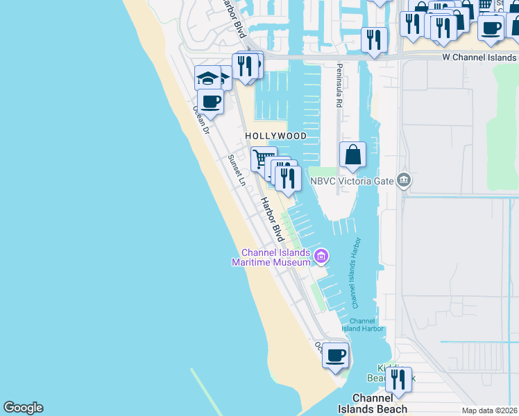 map of restaurants, bars, coffee shops, grocery stores, and more near 3554 Sunset Lane in Oxnard