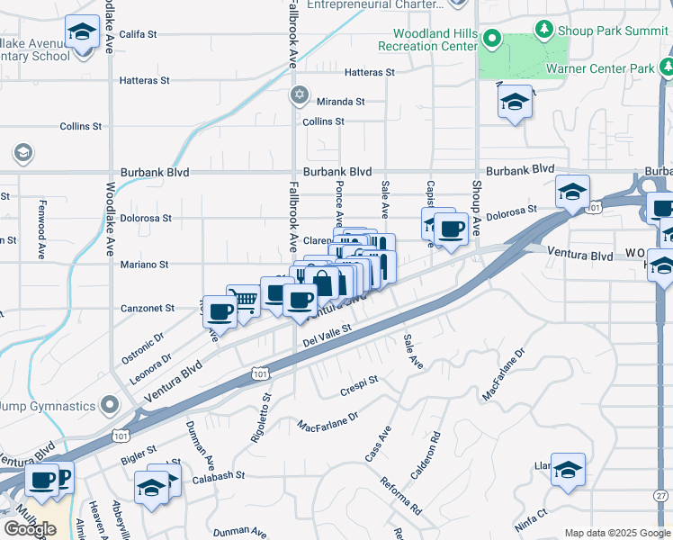 map of restaurants, bars, coffee shops, grocery stores, and more near 22704 Mariano Street in Los Angeles
