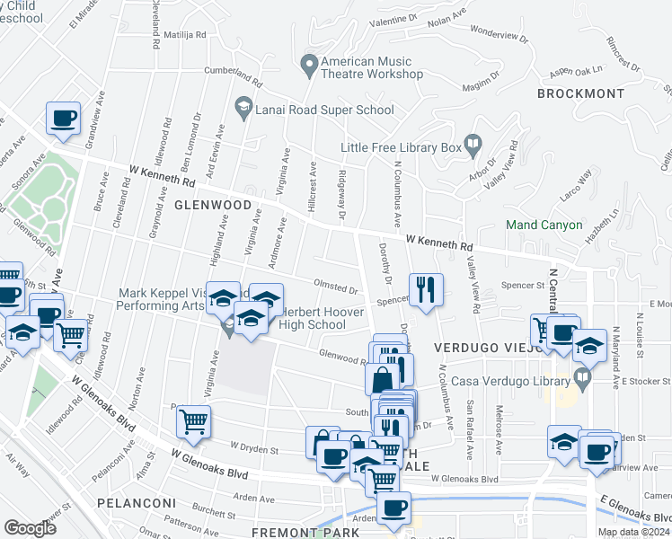 map of restaurants, bars, coffee shops, grocery stores, and more near 522 Monte Vista Avenue in Glendale