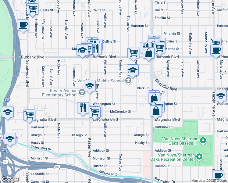 map of restaurants, bars, coffee shops, grocery stores, and more near 5346 Natick Avenue in Los Angeles