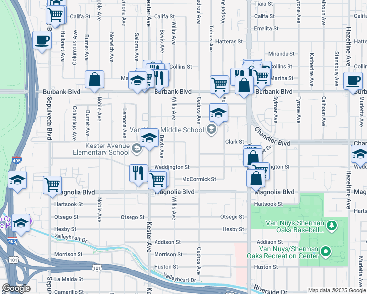 map of restaurants, bars, coffee shops, grocery stores, and more near 14753 Clark Street in Los Angeles