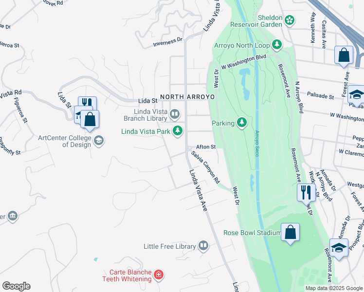 map of restaurants, bars, coffee shops, grocery stores, and more near 1205 Linda Vista Avenue in Pasadena