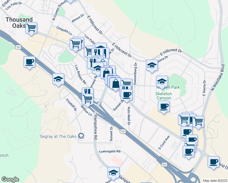 map of restaurants, bars, coffee shops, grocery stores, and more near 3184 Thousand Oaks Boulevard in Thousand Oaks