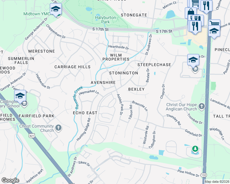 map of restaurants, bars, coffee shops, grocery stores, and more near 1142 Avenshire Circle in Wilmington
