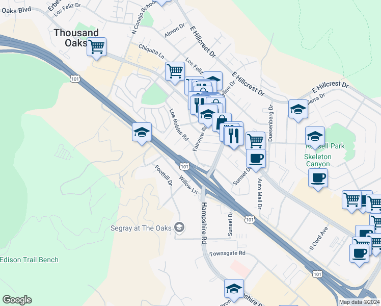 map of restaurants, bars, coffee shops, grocery stores, and more near 107 Fairview Road in Thousand Oaks
