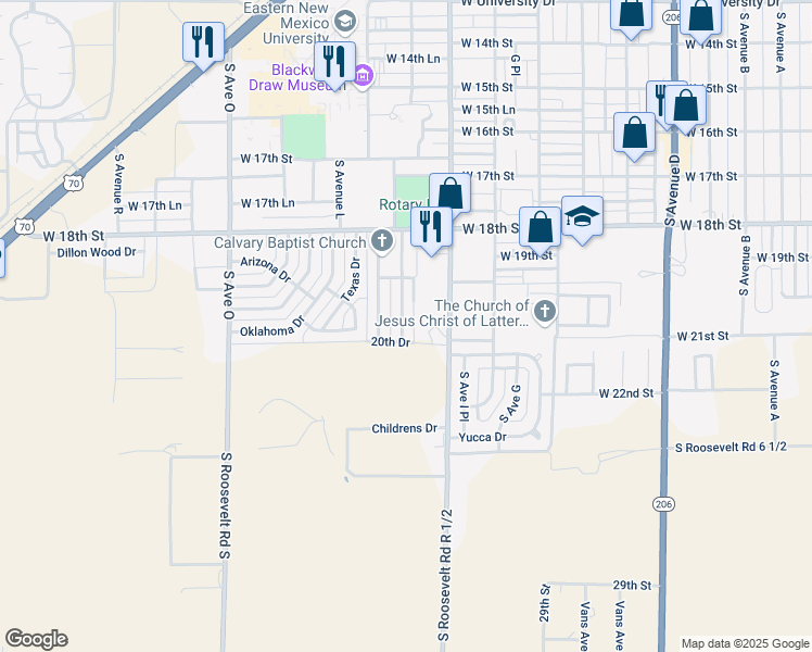 map of restaurants, bars, coffee shops, grocery stores, and more near 2020 South Avenue I in Portales