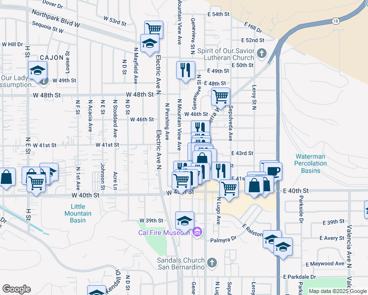 map of restaurants, bars, coffee shops, grocery stores, and more near 144 West 43rd Street in San Bernardino