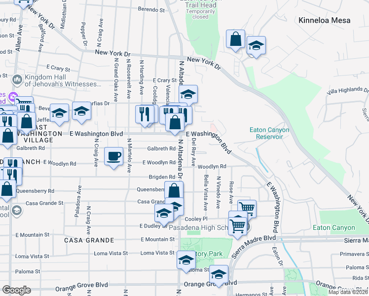 map of restaurants, bars, coffee shops, grocery stores, and more near 1302 North Altadena Drive in Pasadena