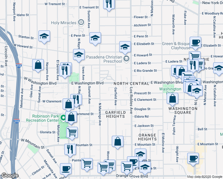 map of restaurants, bars, coffee shops, grocery stores, and more near in Pasadena