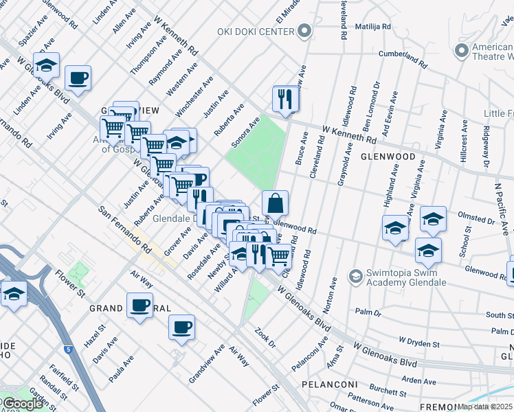 map of restaurants, bars, coffee shops, grocery stores, and more near 1166 Rosedale Avenue in Glendale
