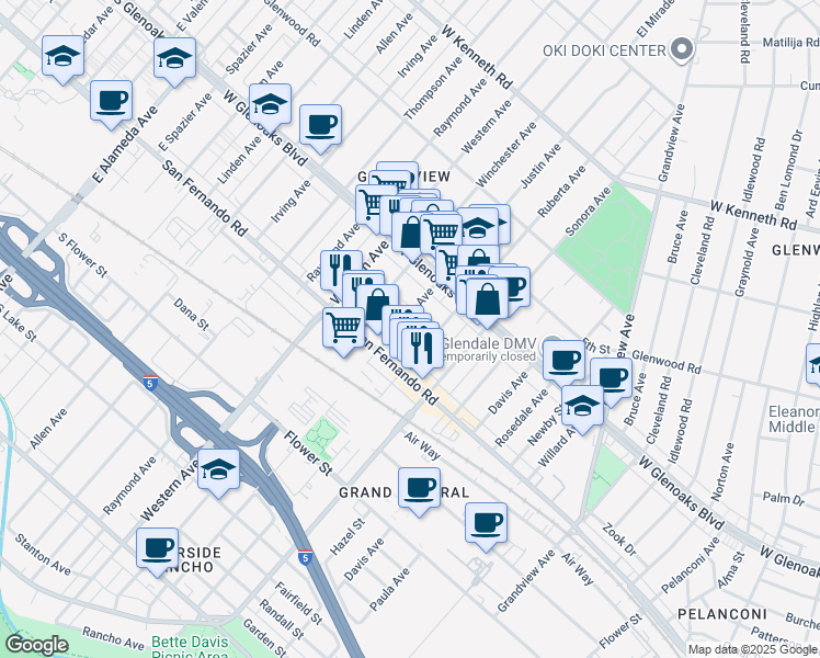 map of restaurants, bars, coffee shops, grocery stores, and more near 1040 Justin Avenue in Glendale