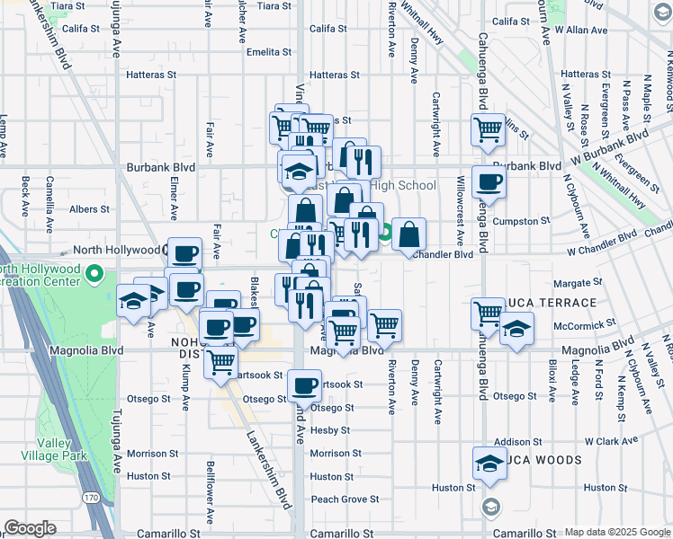 map of restaurants, bars, coffee shops, grocery stores, and more near 10866 Chandler Boulevard in Los Angeles