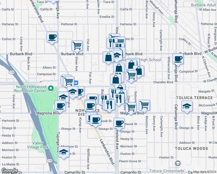 map of restaurants, bars, coffee shops, grocery stores, and more near in Los Angeles