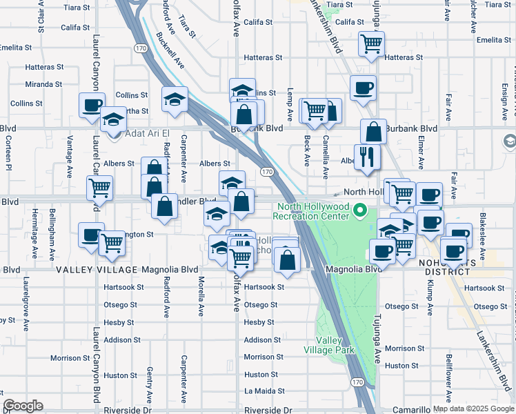 map of restaurants, bars, coffee shops, grocery stores, and more near 11644 Chandler Boulevard in Los Angeles