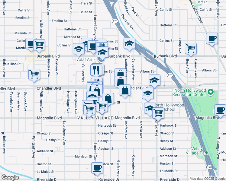 map of restaurants, bars, coffee shops, grocery stores, and more near 11936 Chandler Boulevard in Los Angeles