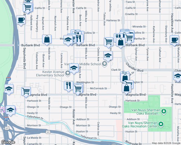 map of restaurants, bars, coffee shops, grocery stores, and more near 14753 Clark Street in Los Angeles