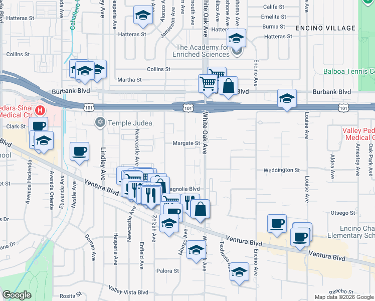 map of restaurants, bars, coffee shops, grocery stores, and more near 5354 Yarmouth Avenue in Los Angeles