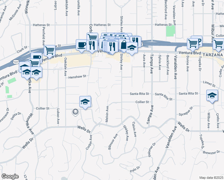 map of restaurants, bars, coffee shops, grocery stores, and more near 5343 Shirley Avenue in Los Angeles