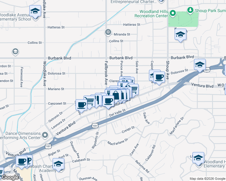 map of restaurants, bars, coffee shops, grocery stores, and more near 5402 Fallbrook Avenue in Los Angeles