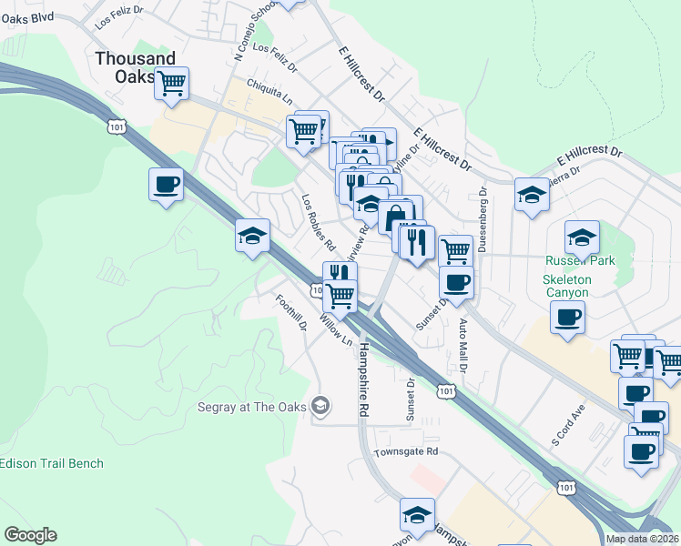map of restaurants, bars, coffee shops, grocery stores, and more near 2990 Los Robles Road in Thousand Oaks